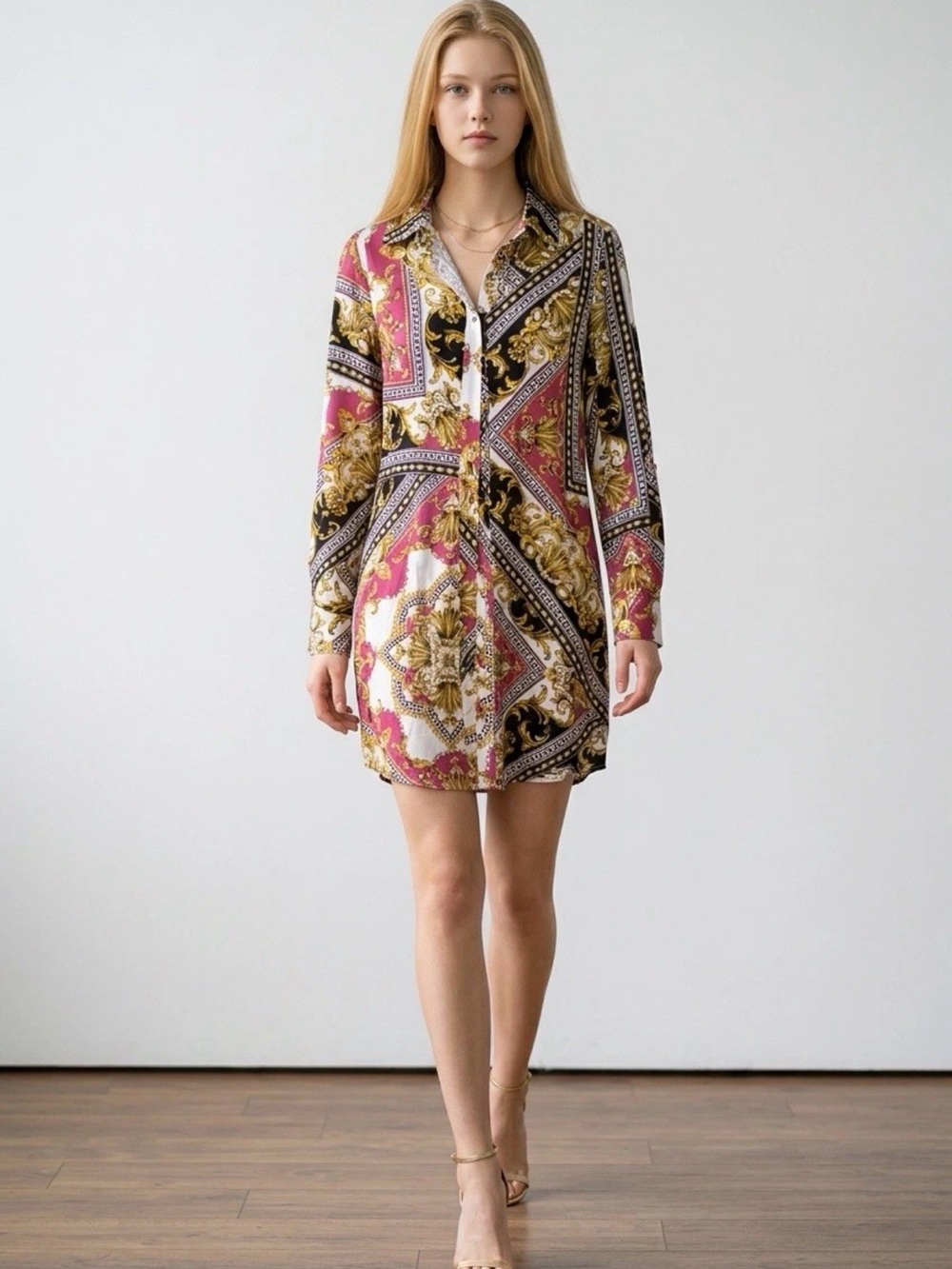 GUESS Baroque-Print Button-Front Mini Dress in Pink, Gold & Black